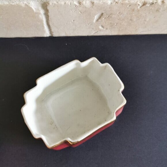 Small Storage Dish w/Lid Geometric Burgundy Gold Asian Trinkets Jewelry Box - Picture 6 of 9